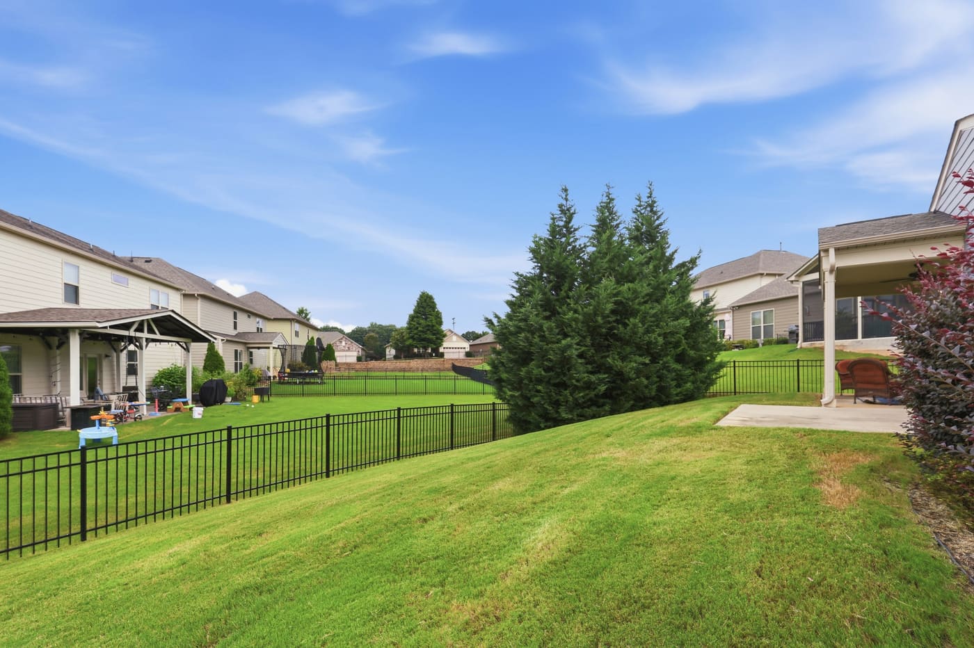 The fenced rear yard, level and open, bounded by black metal fencing.