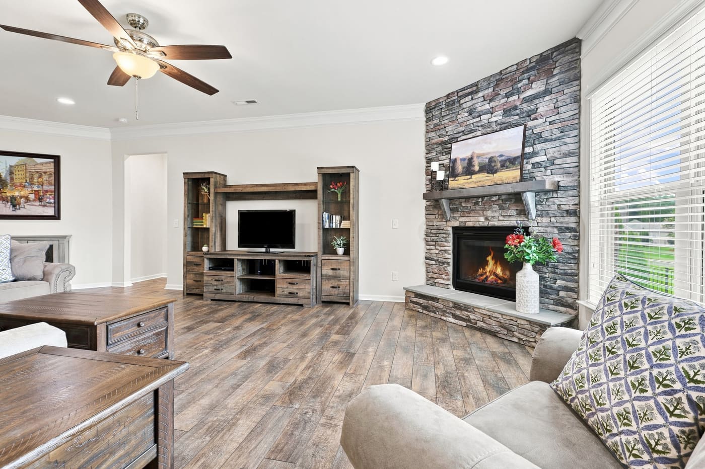 The family room from the dining side, showing the full length of the space.